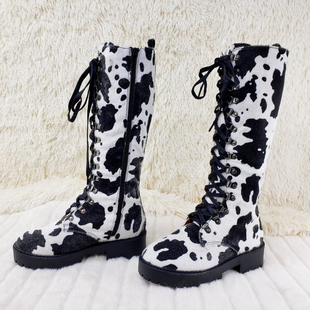 Savage Cow Combat Lace Up Knee Boots Faux Cow Print Brand New - Picture 11 of 17